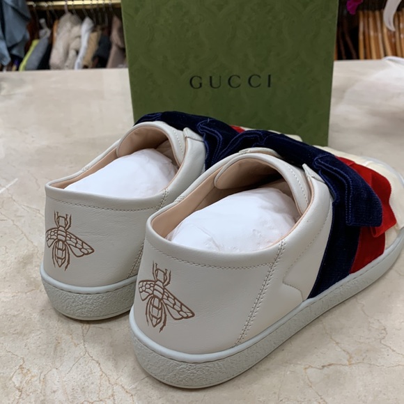 HOST PIC GUCCI ACE WHITE LEATHER SNEAKERS TRIPLE VELVET BOW DETAIL SZ US 38 1/2 - Picture 9 of 15